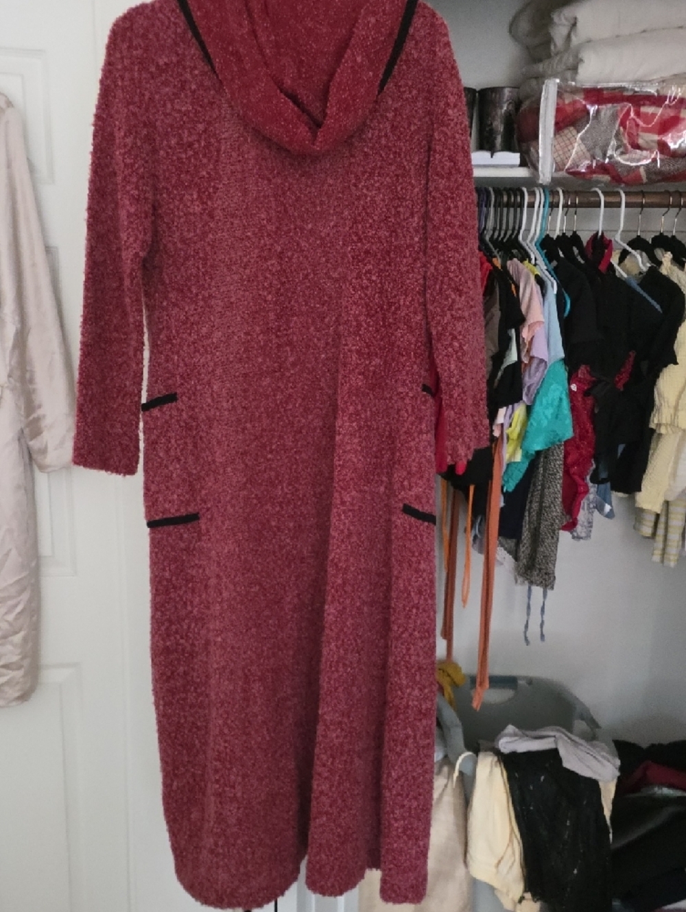 Long Open-Front Hooded Cardigan with Black Trim - Rose Vintage - Picture 9 of 9